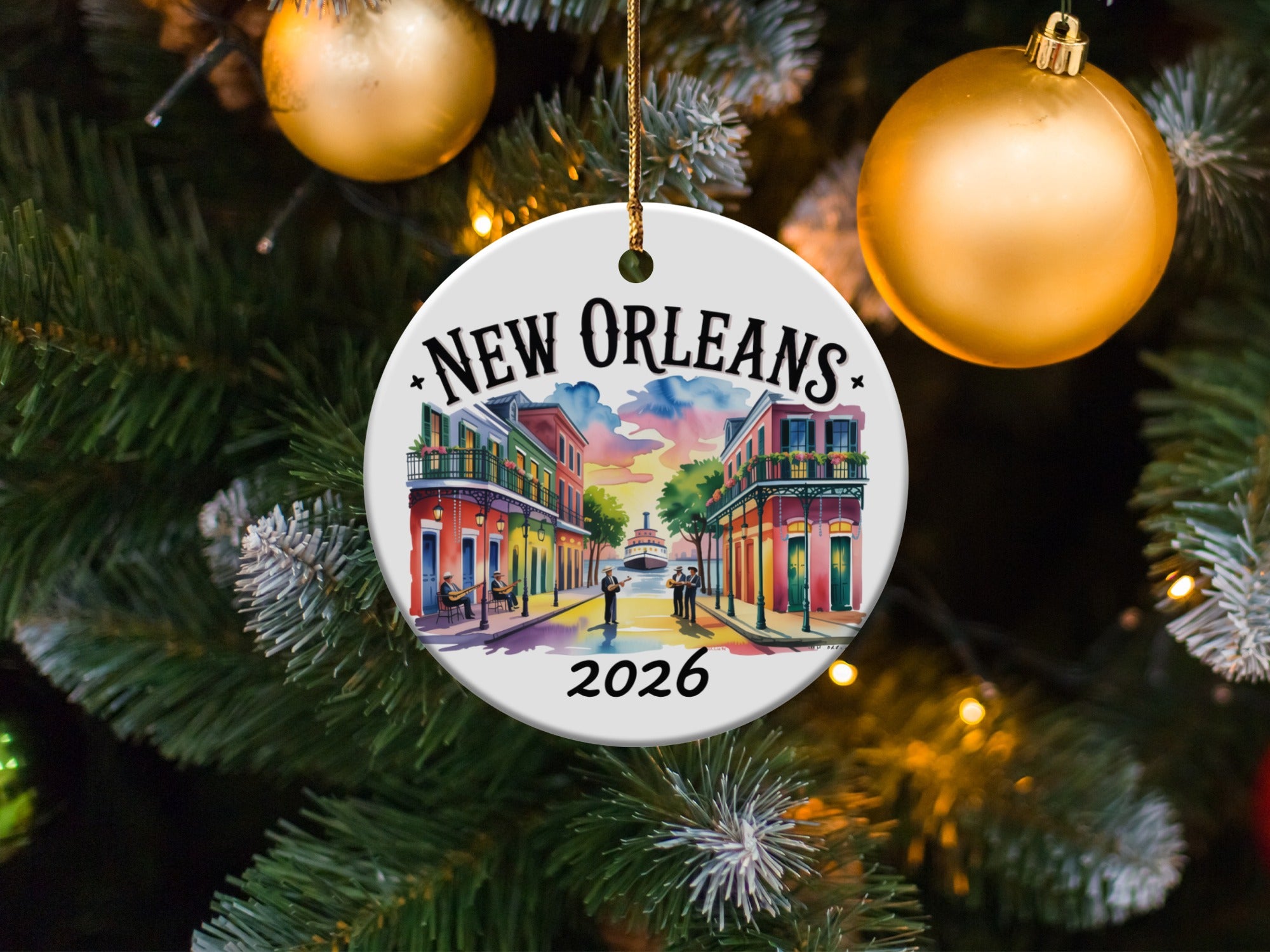 New Orleans 2026 ceramic ornament with street scene and holiday tree.