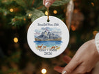 Torres del Paine, Chile ceramic ornament with mountains, lake, and guanacos.