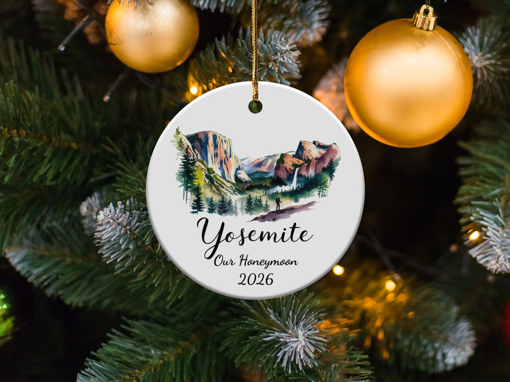 Yosemite honeymoon ornament with mountain landscape and 2026 date.