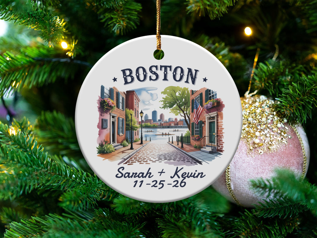 Boston cityscape ornament with Sarah and Kevin's names and dates.