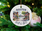 Boston cityscape ornament with Sarah and Kevin's names and dates.