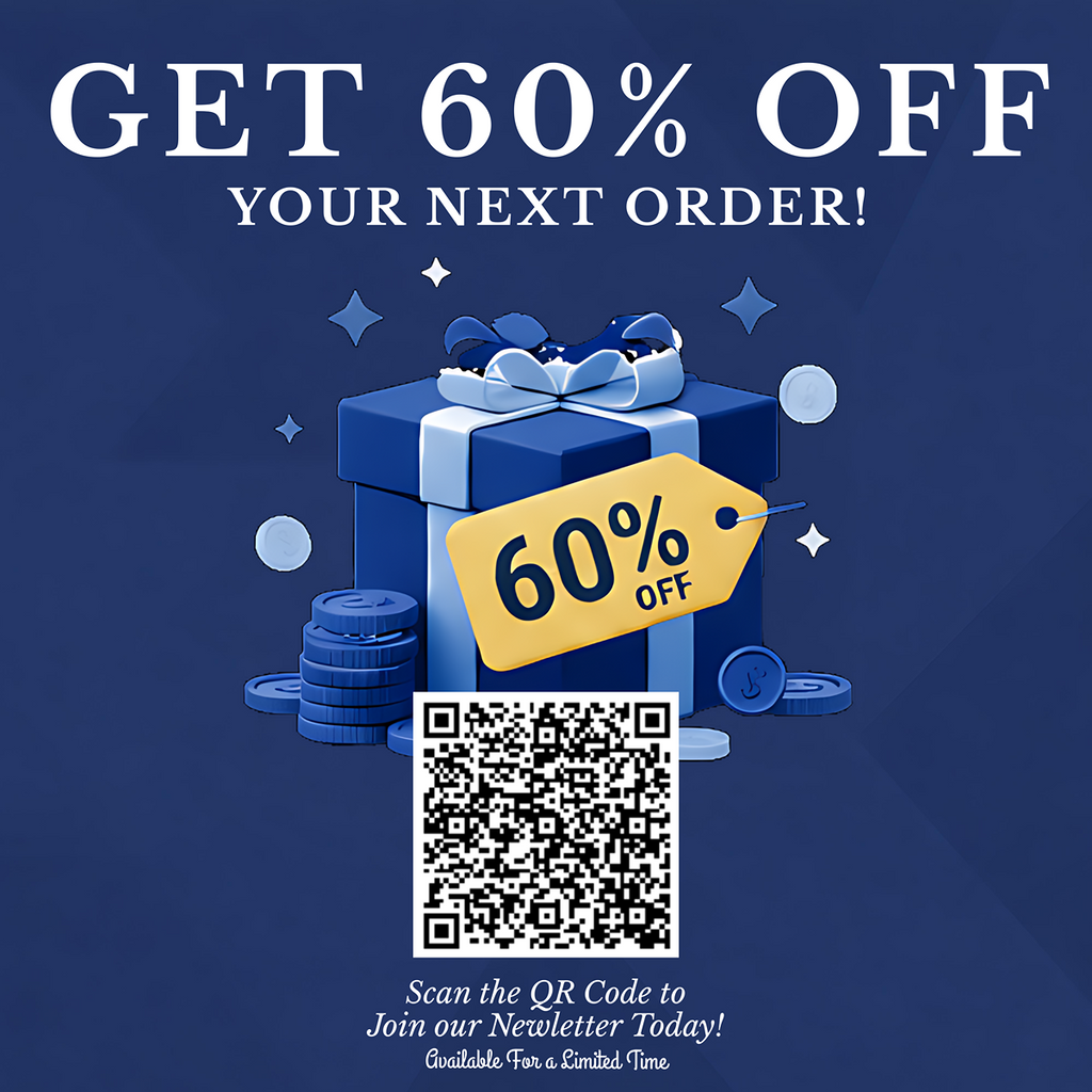 Gift box with 60% off tag, coins, and QR code for newsletter.