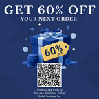 Gift box with 60% off tag, coins, and QR code for newsletter.