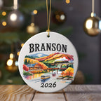 Branson 2026 Christmas ornament with train and autumn scenery.