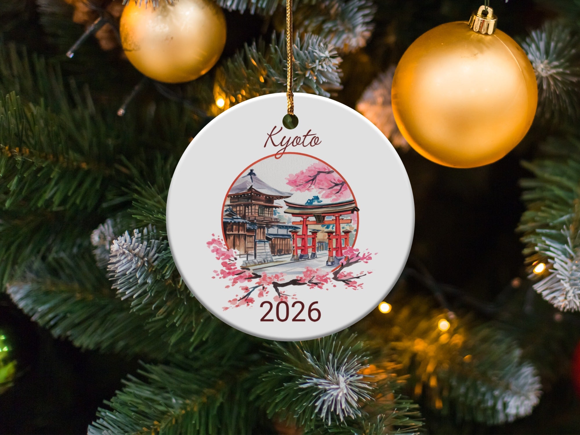 Kyoto 2026 ornament with shrine, torii gate, and cherry blossoms.