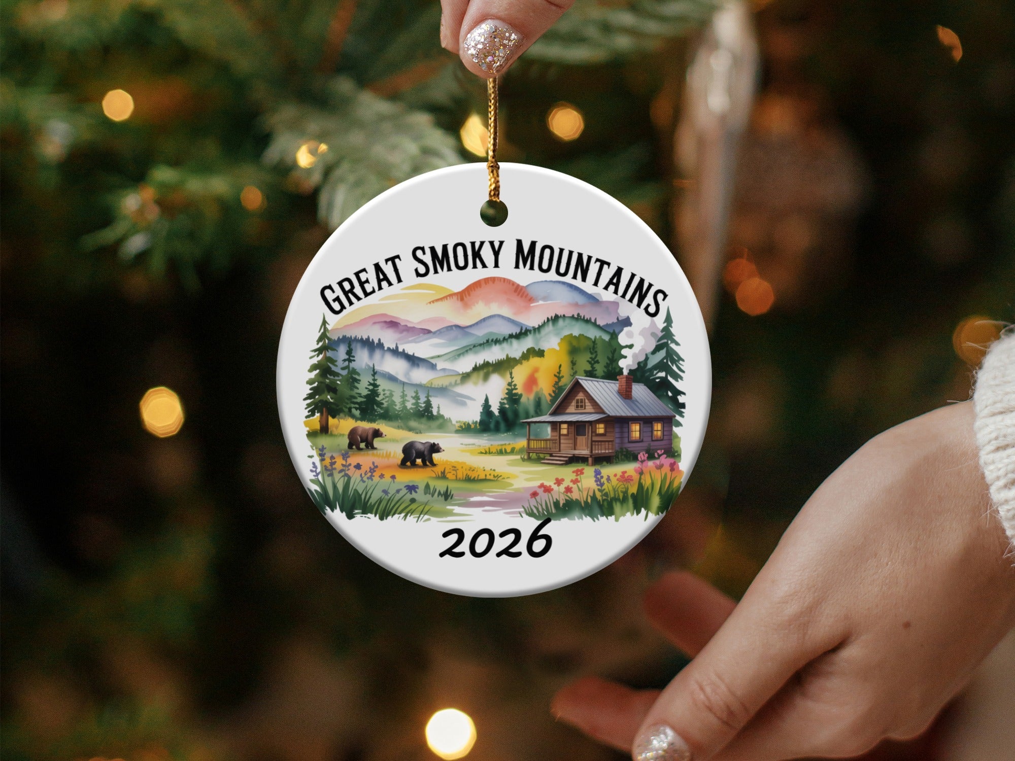Ornament with Great Smoky Mountains landscape, cabin, bears, and "2026" text.