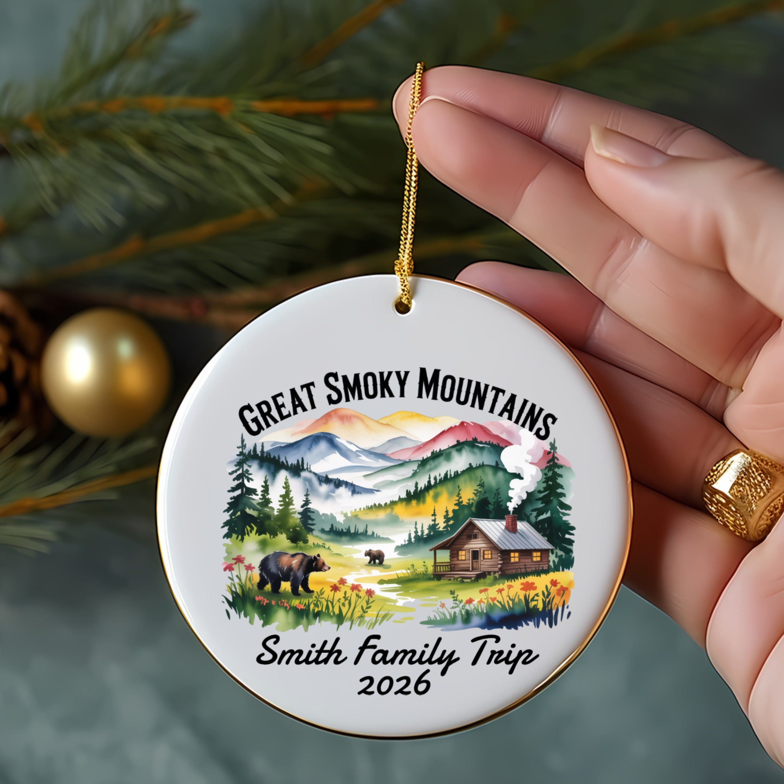 Great Smoky Mountains ornament with cabin, bears, and "Smith Family Trip 2026" text.