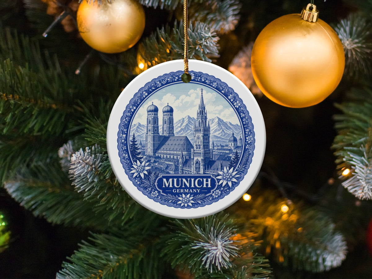 Munich, Germany ceramic ornament with Frauentürme and mountains on Christmas tree.