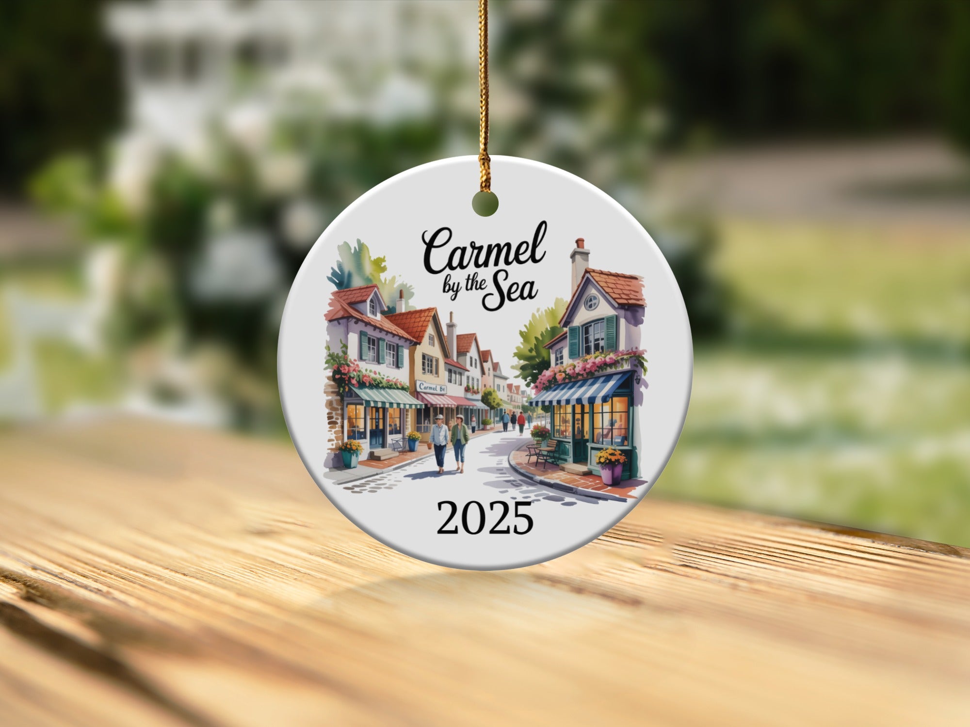 Carmel by the Sea 2025 ceramic ornament featuring a quaint street scene.