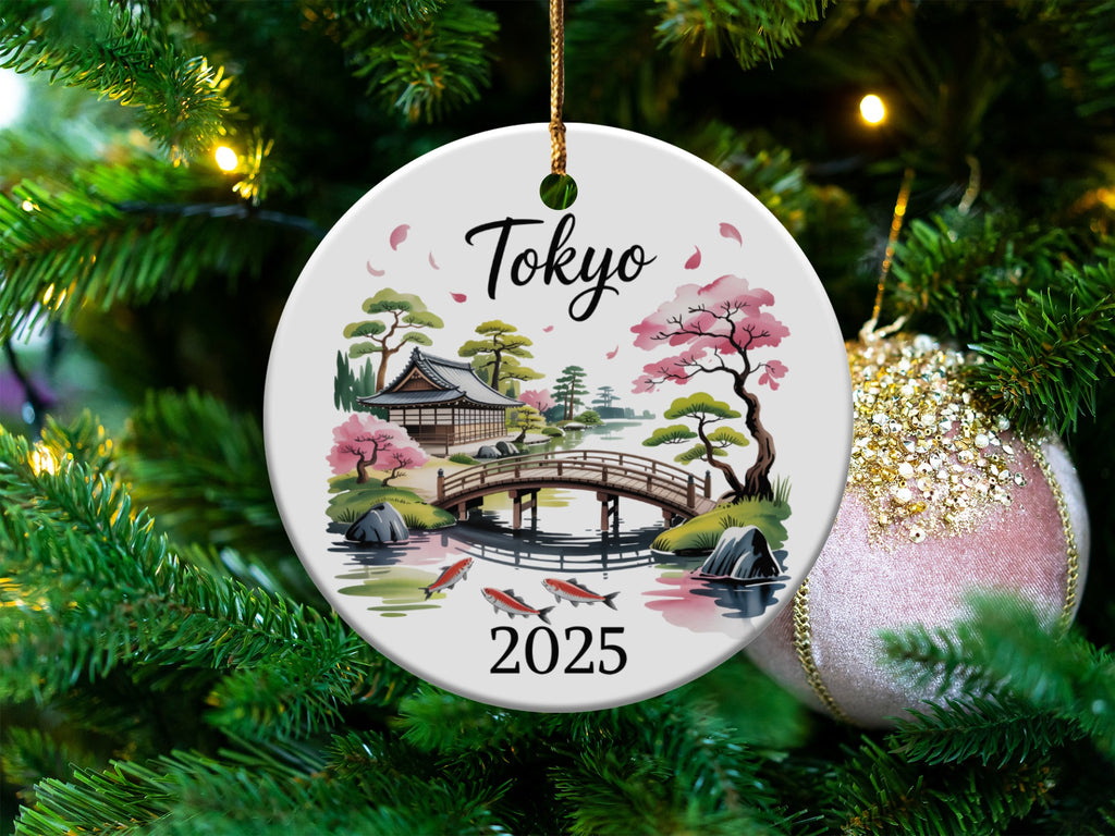 Tokyo 2025 round ornament with Japanese garden and koi fish.