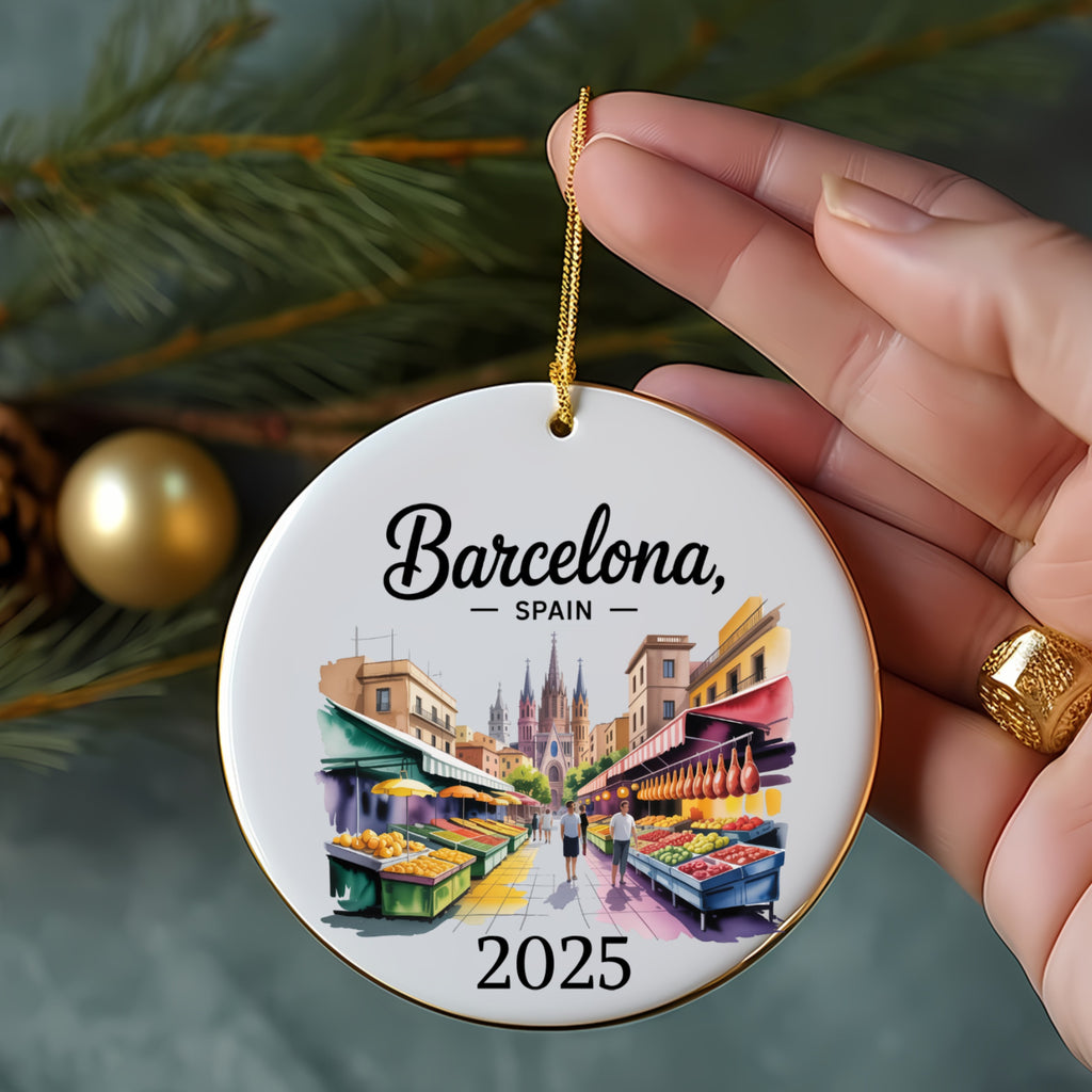 Round Barcelona, Spain 2025 ornament with market stalls and a golden ring.