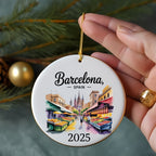 Round Barcelona, Spain 2025 ornament with market stalls and a golden ring.