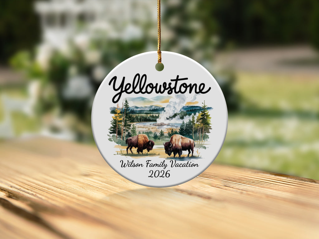 Yellowstone ornament with bison and mountains, "Wilson Family Vacation 2026".