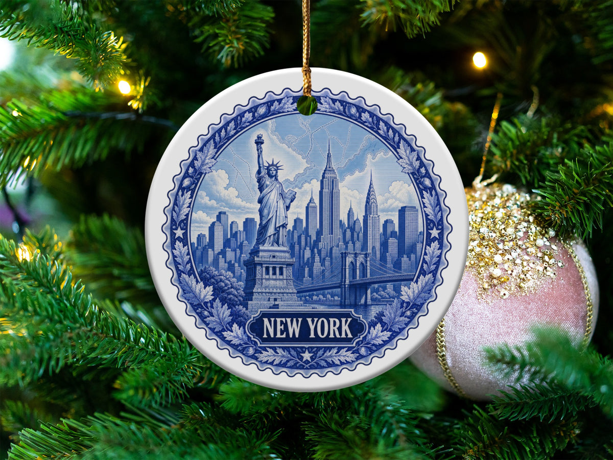 Round New York ornament with Statue of Liberty and cityscape, on a Christmas tree.