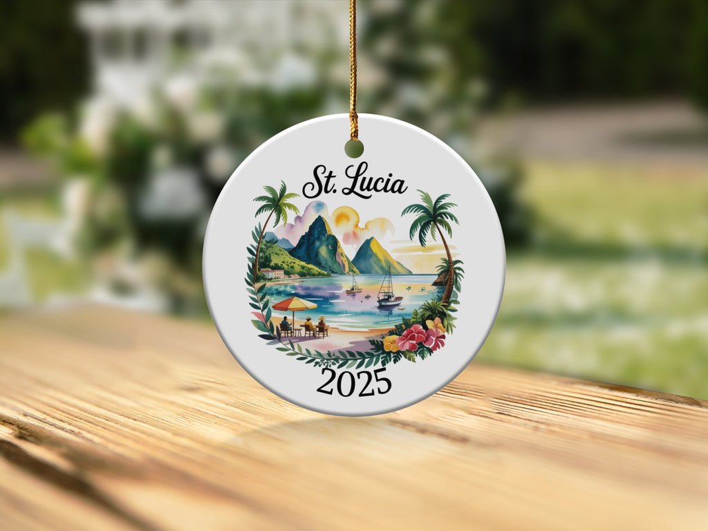 Round ornament featuring a tropical St. Lucia beach scene with "2025"