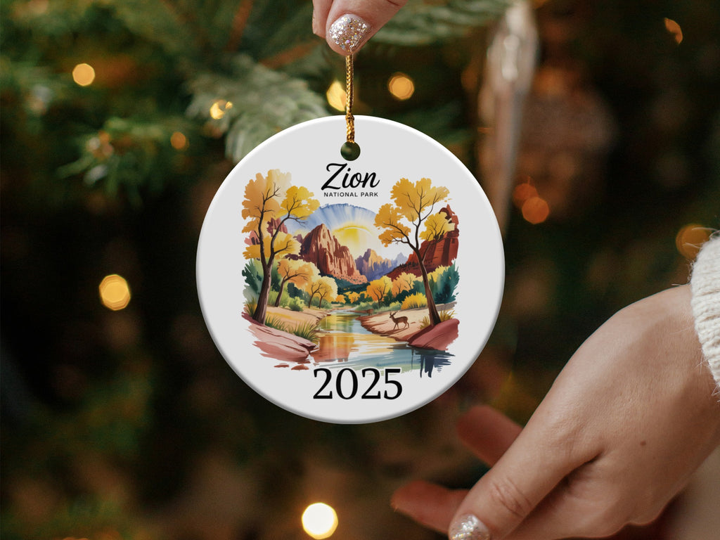 Zion National Park 2025 ceramic ornament with mountain and river scene.