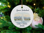 Geneva, Switzerland landscape with "Lisa + John 2026" on a round ornament.