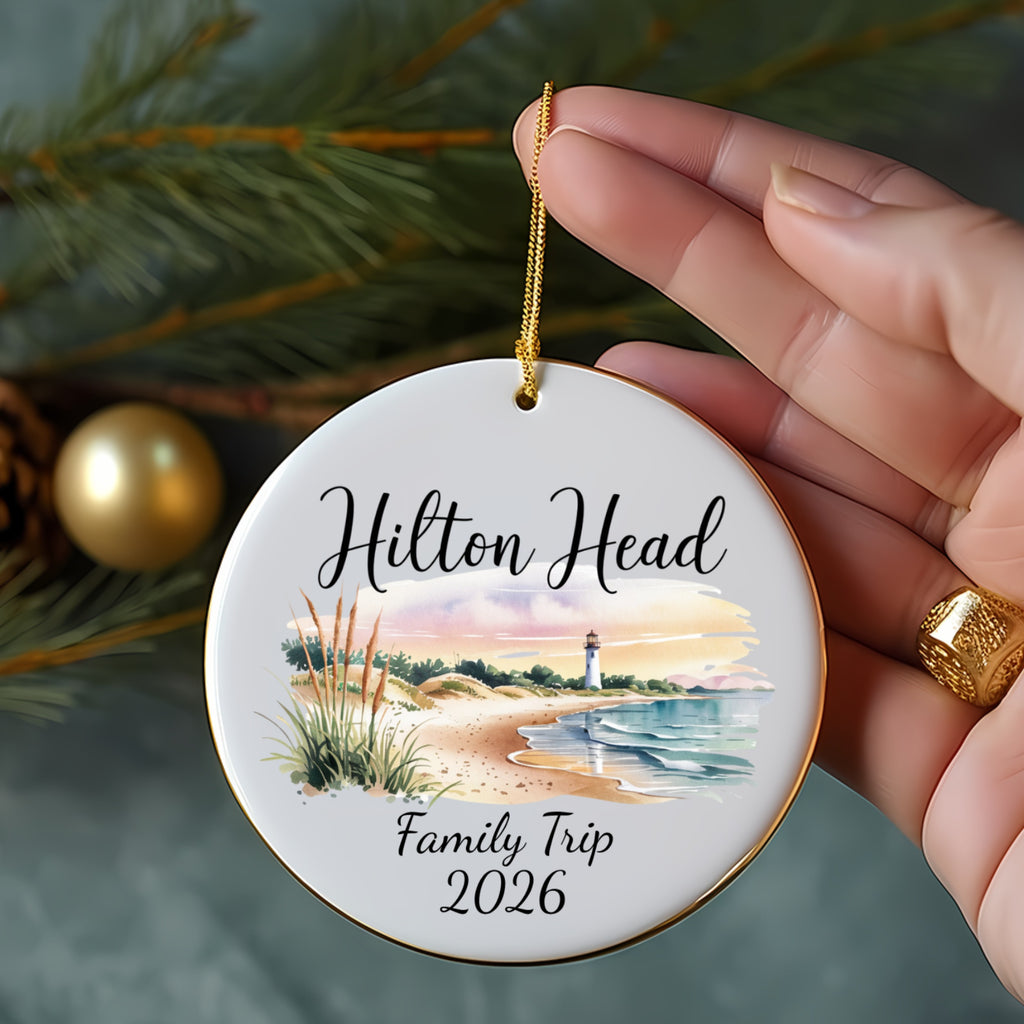 Hilton Head family trip 2026 ornament with beach scene and lighthouse.