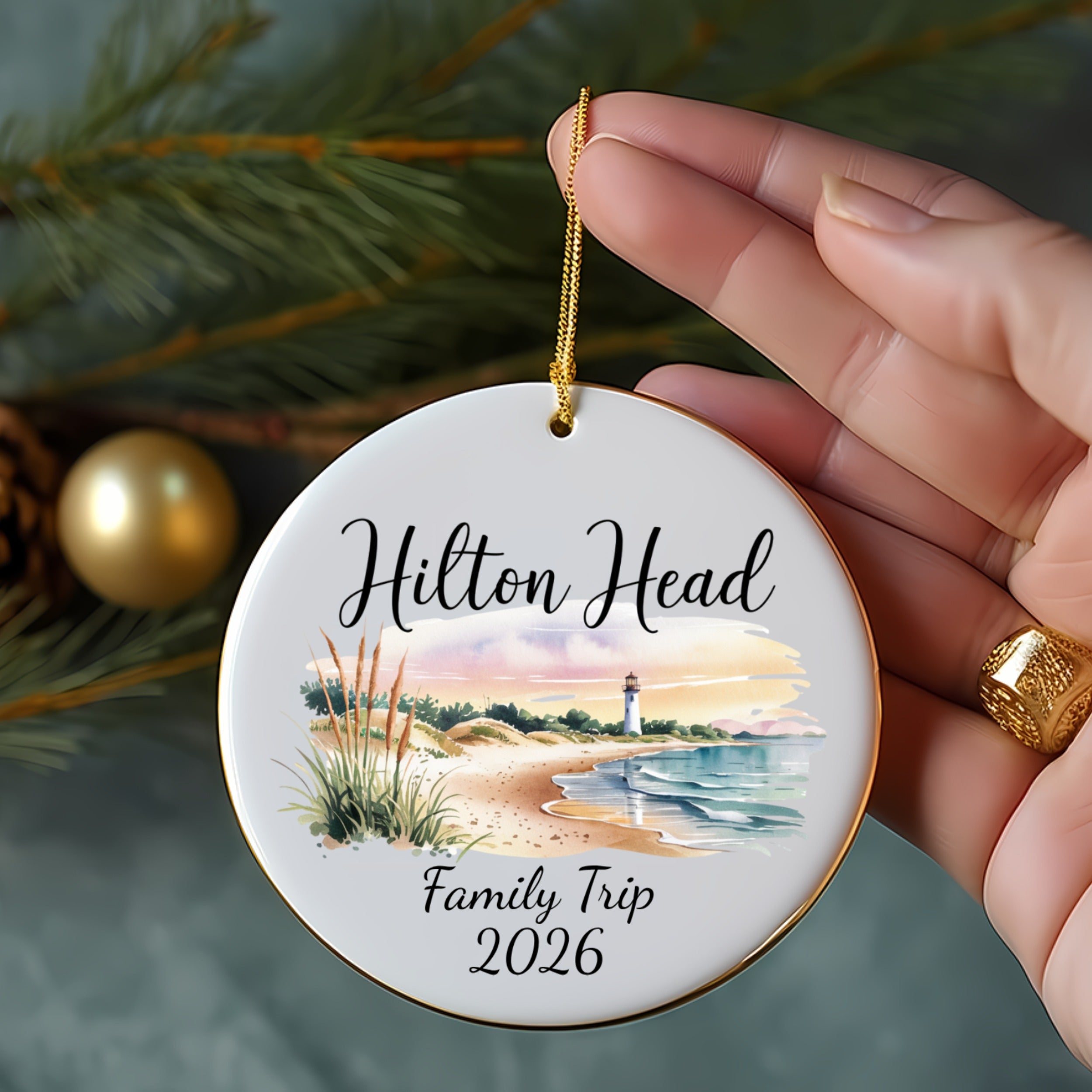 Hilton Head family trip 2026 ornament with beach scene and lighthouse.