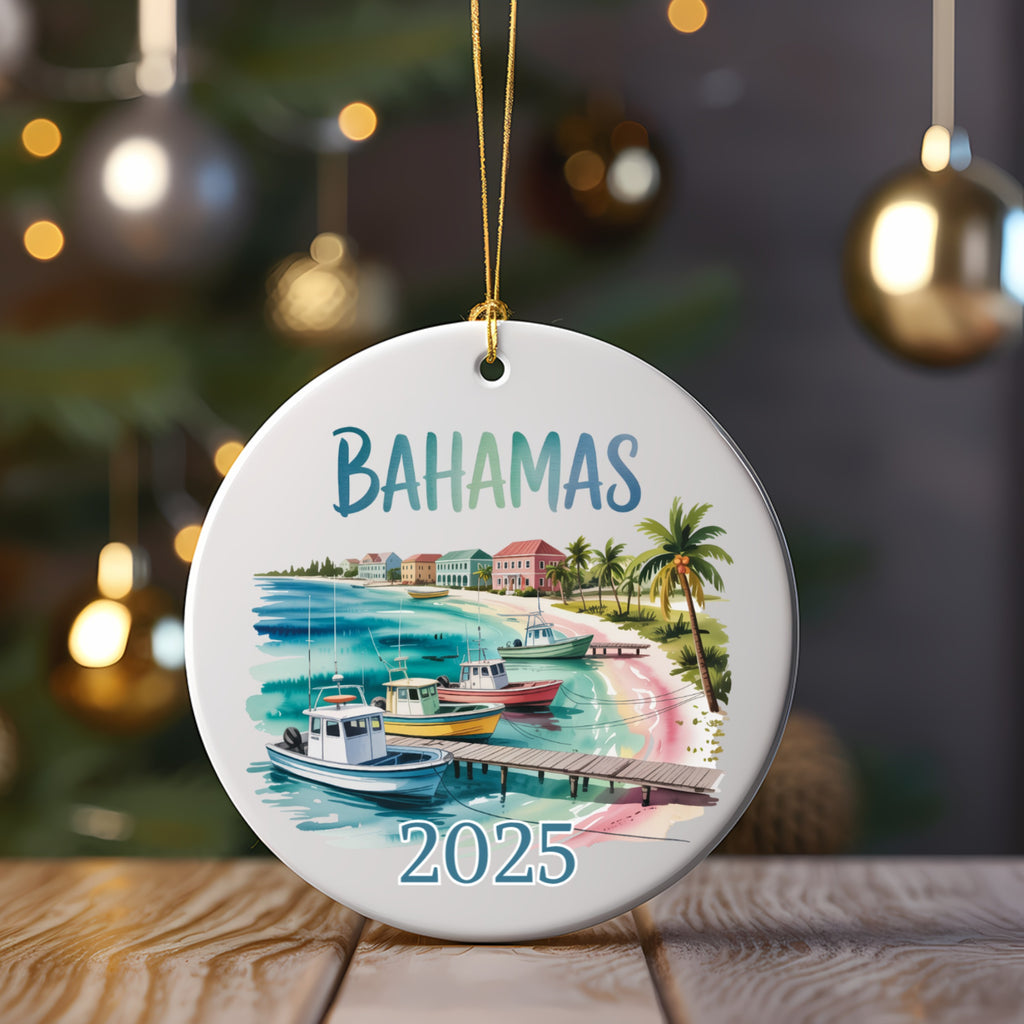 Bahamas ornament with boats and buildings, "2025" text.