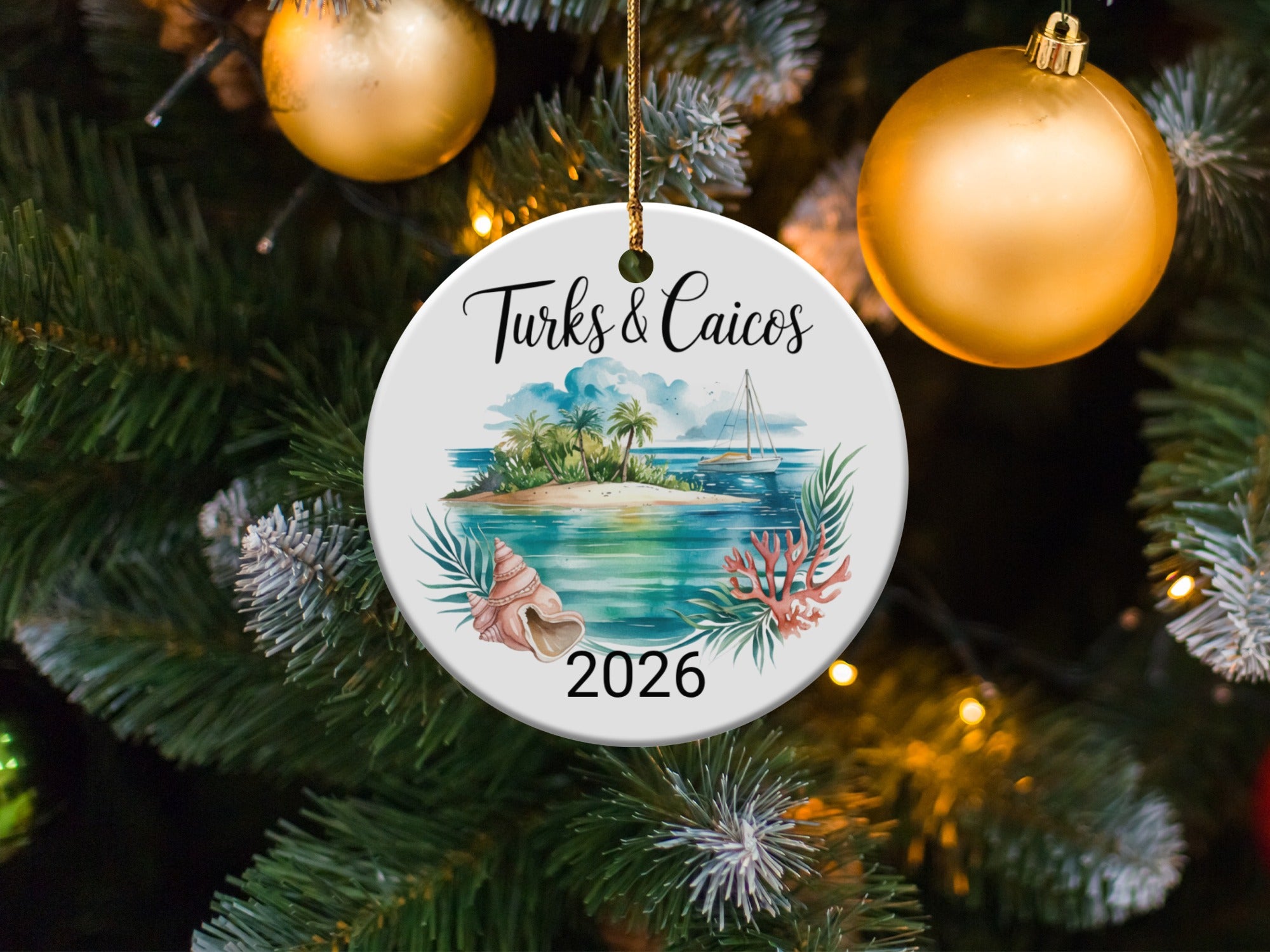 Turks & Caicos 2026 ornament with seashells and tropical island scene.