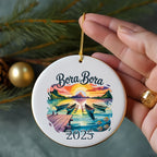 Bora Bora 2025 ornament with boats and tropical sunset scene.