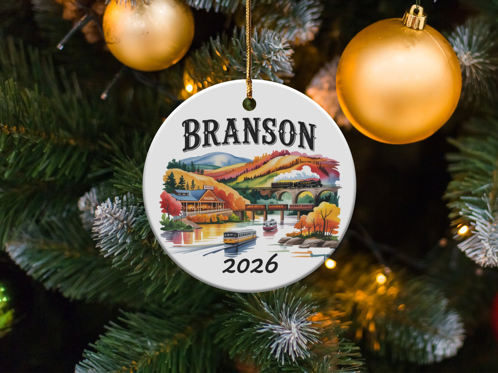 Branson 2026 ornament with train and scenic landscape.