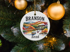 Branson 2026 ornament with train and scenic landscape.