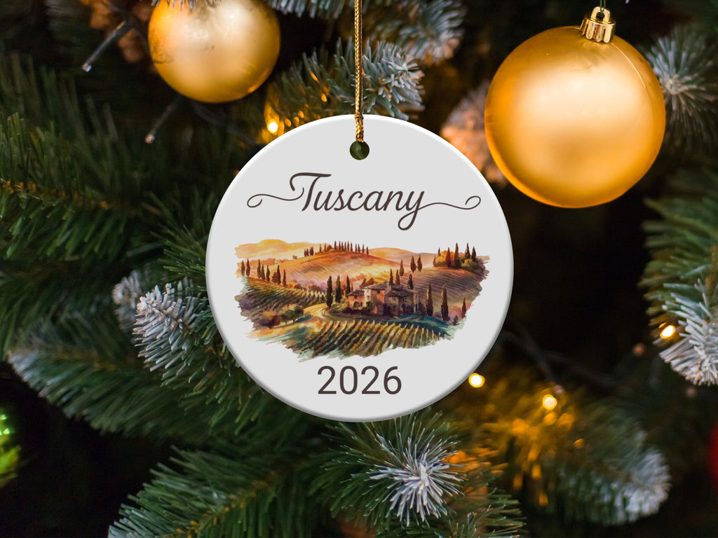 Tuscany 2026 ceramic ornament on a decorated Christmas tree.