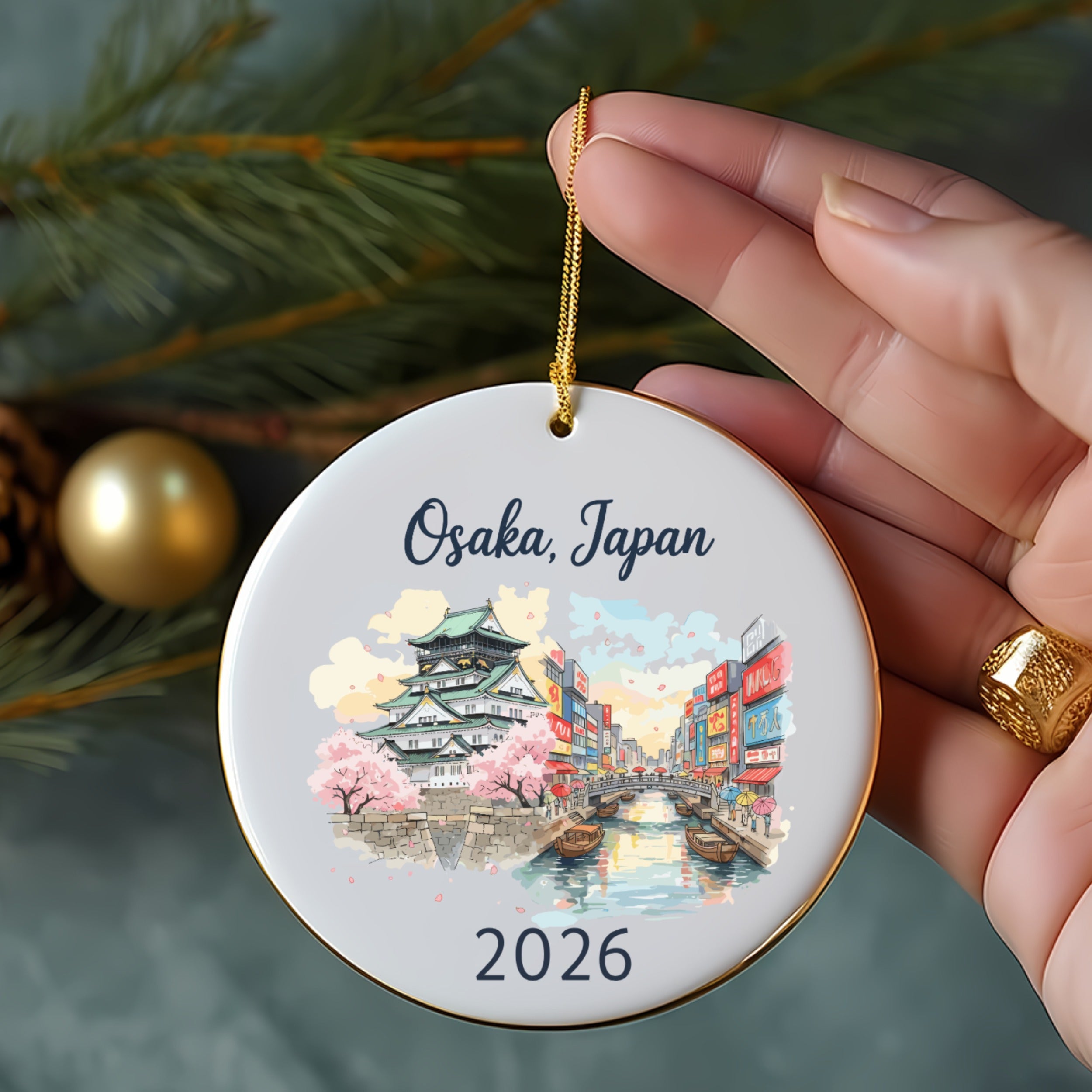 Circular ornament with Osaka, Japan and "2026" depicted.
