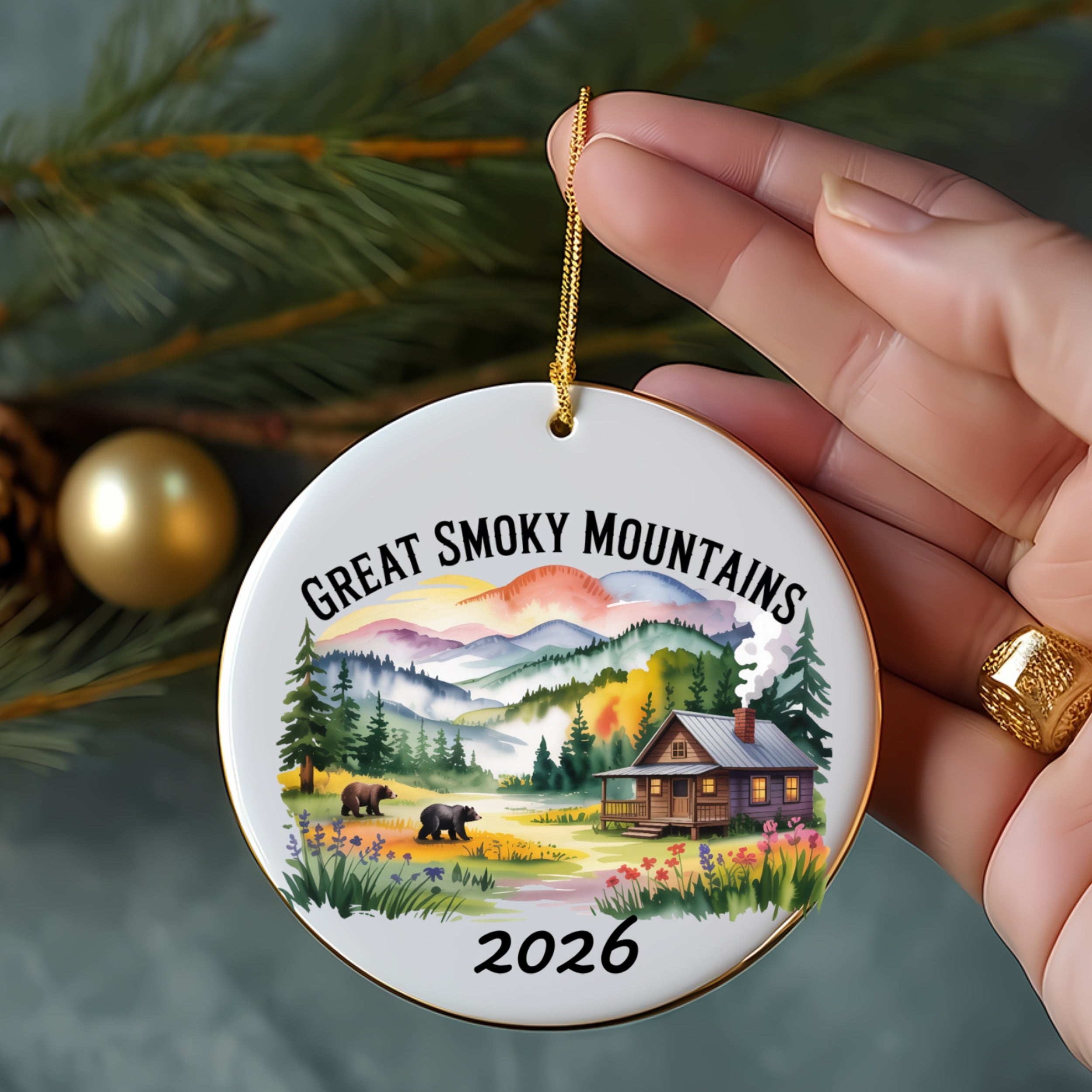 Great Smoky Mountains 2026 ornament with cabin, bears, and colorful landscape.