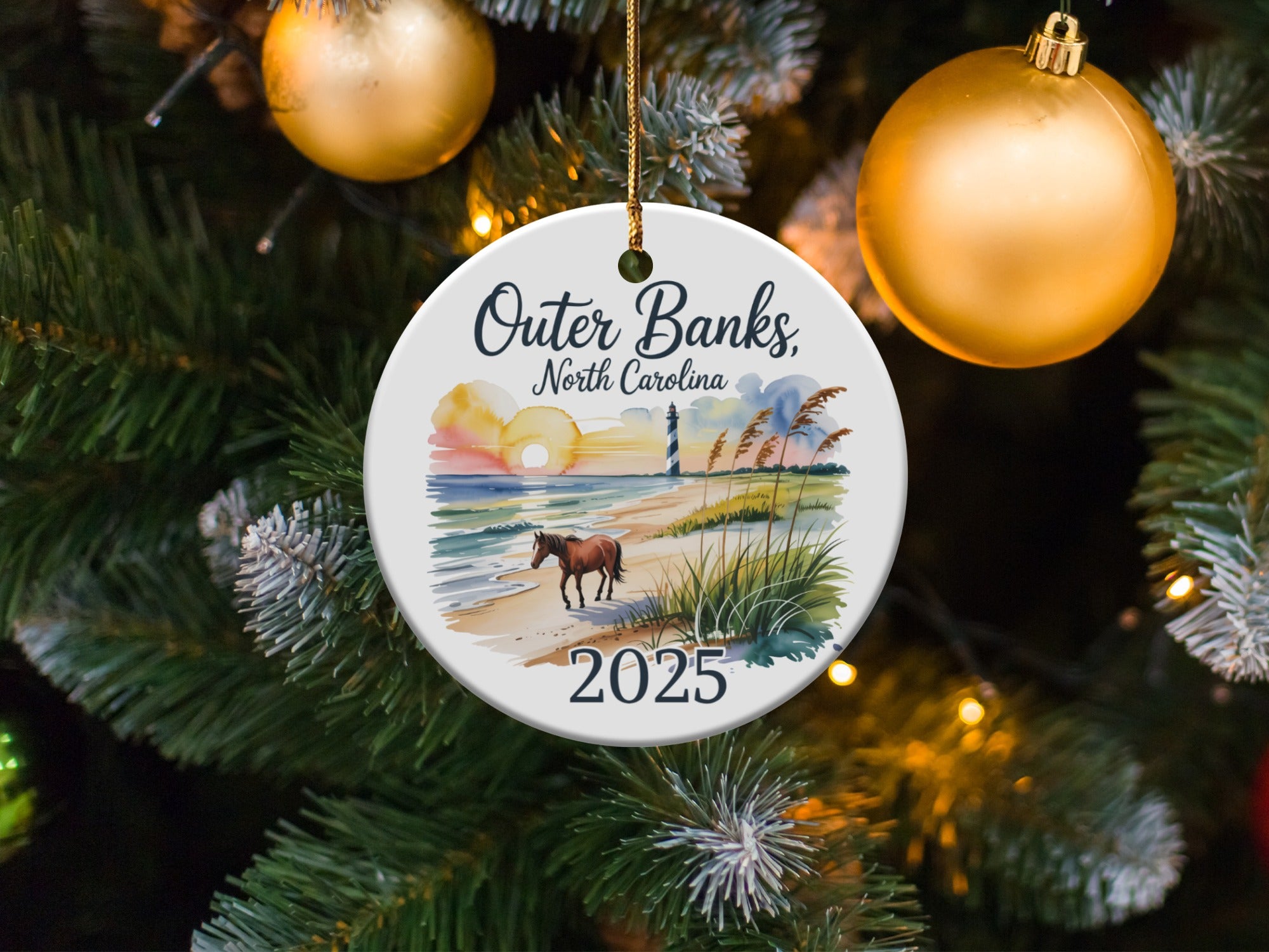 Outer Banks NC Ornament, Wild Horse Beach Trip Keepsake, Lighthouse Souvenir, OBX Vacation Gift, Personalized Year, 2025, Family Travel