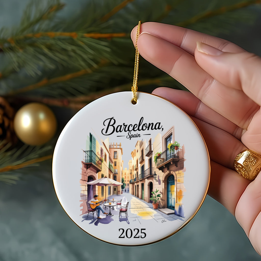 Round ornament with Barcelona street scene and "Barcelona, Spain 2025".