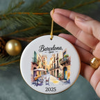 Round ornament with Barcelona street scene and "Barcelona, Spain 2025".