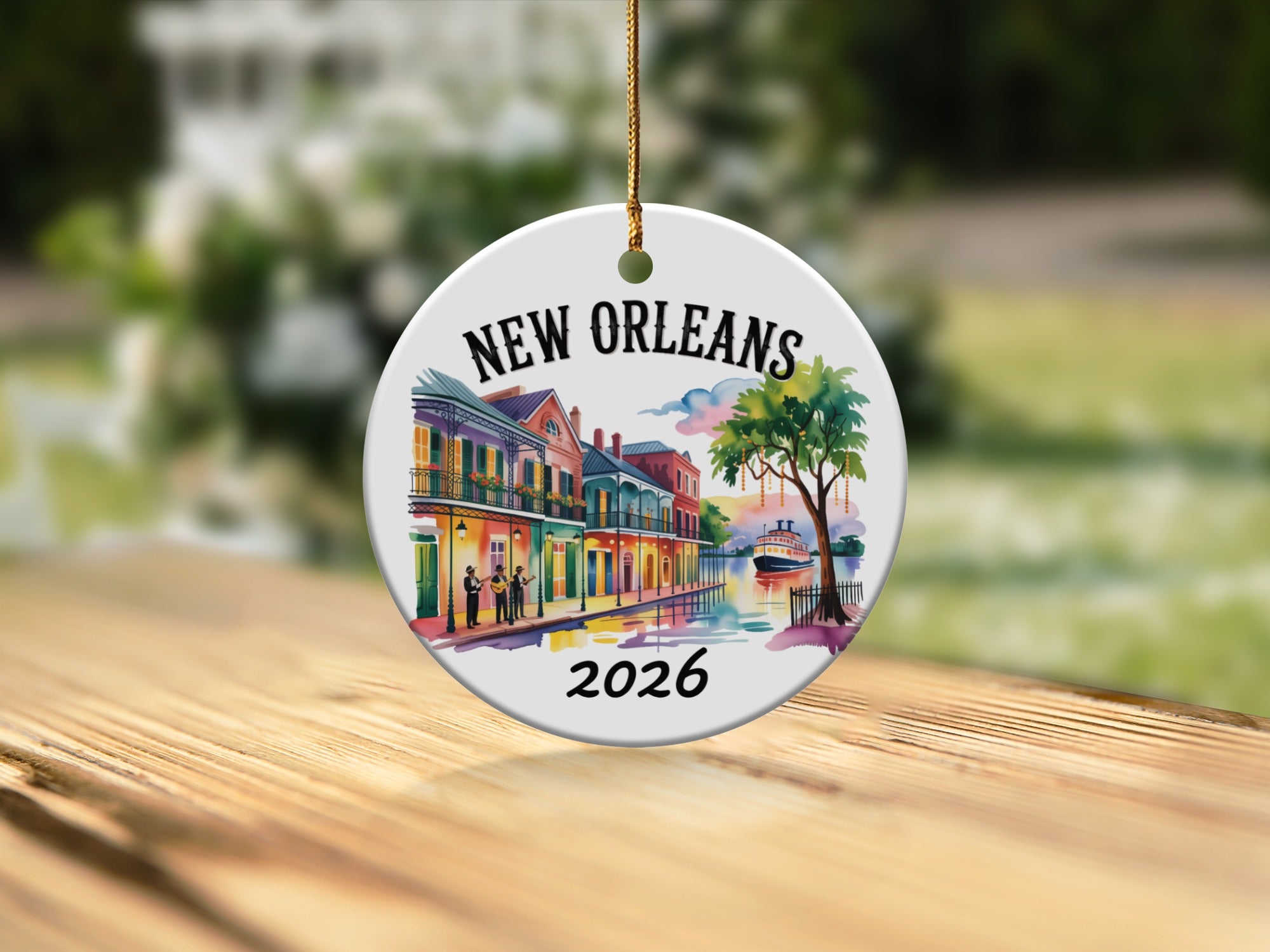 New Orleans 2026 ceramic ornament with colorful buildings and steamboat.