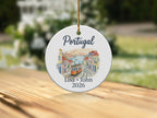 Round Portugal ornament with trolley car and text "Lisa + John".