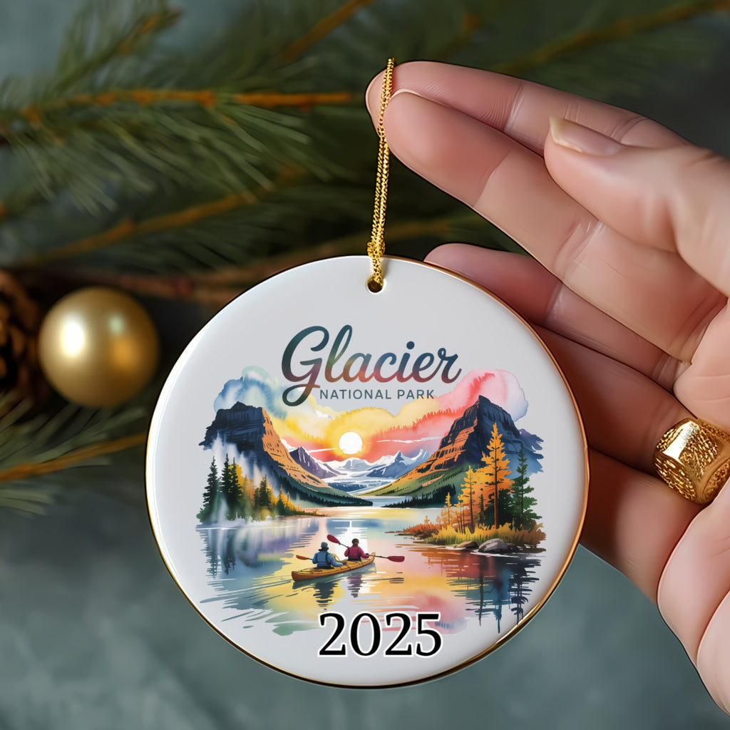 Glacier National Park round ornament with a scenic landscape and the year 2025.