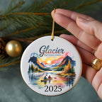 Glacier National Park round ornament with a scenic landscape and the year 2025.