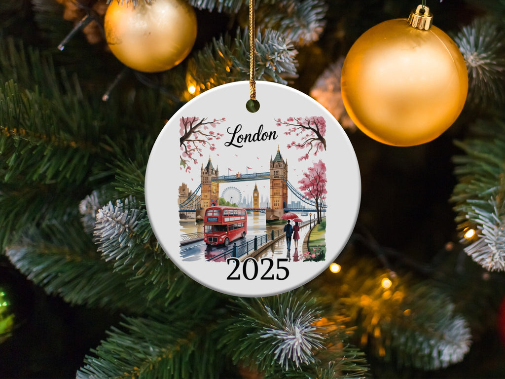 Custom London Ornament, Personalized UK Travel Keepsake, Tower Bridge, Red Bus, London Eye, Cherry Blossom, Vacation Souvenir Gift Ornament
