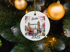 Custom London Ornament, Personalized UK Travel Keepsake, Tower Bridge, Red Bus, London Eye, Cherry Blossom, Vacation Souvenir Gift Ornament