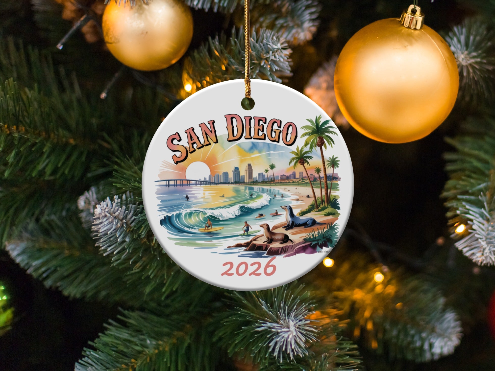 San Diego 2026 ceramic ornament with beach, seals, and cityscape.