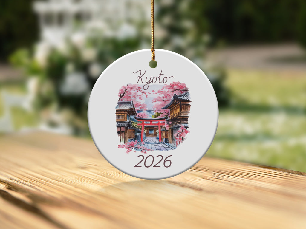 Kyoto 2026 ornament featuring traditional Japanese buildings and cherry blossoms.