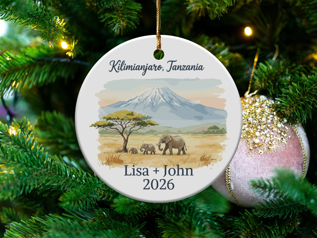 Kilimanjaro, Tanzania circular ornament with elephants and family name "Lisa + John 2026".