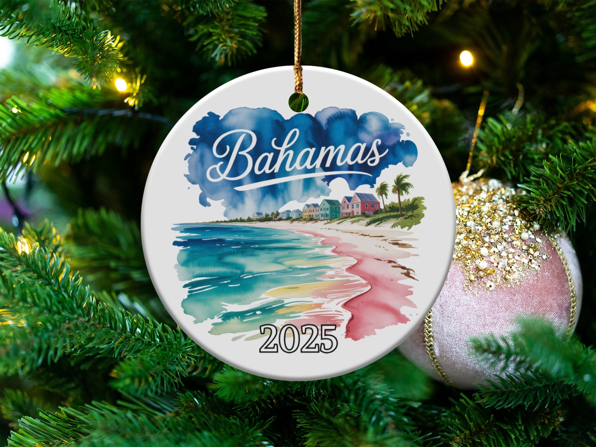 Bahamas 2025 watercolor ornament featuring a beach scene with colorful houses.