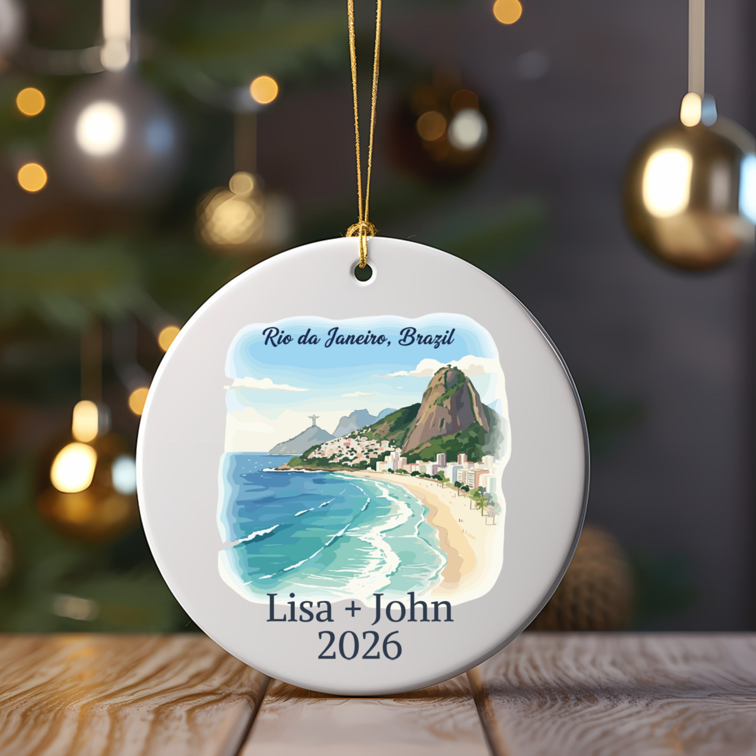 Rio de Janeiro, Brazil Christmas ornament with names and year.