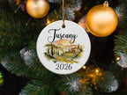 Round Christmas ornament with Tuscany landscape and 2026.