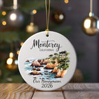 Monterey California honeymoon ornament with rocky coastline and "Our Honeymoon 2026".