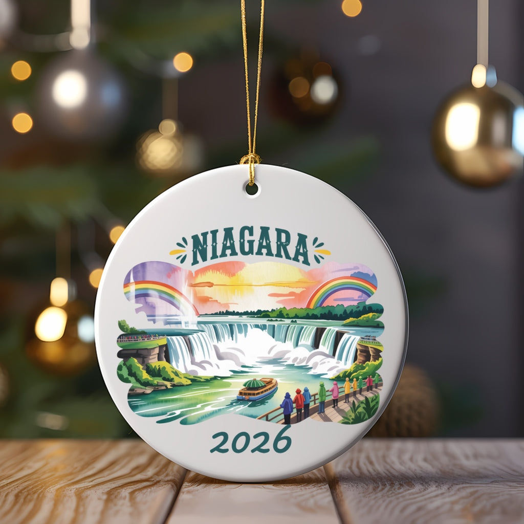 Niagara Falls ornament with rainbow, trees, and people; "Niagara 2026" text.