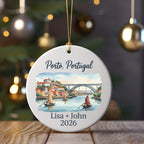 Porto, Portugal Christmas ornament with "Lisa + John 2026" text.