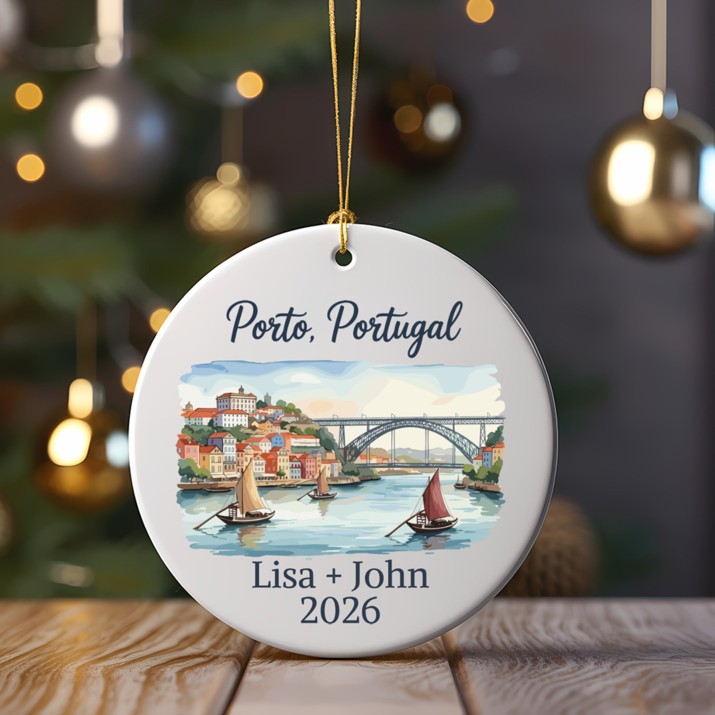 Porto, Portugal Christmas ornament with "Lisa + John 2026" text.